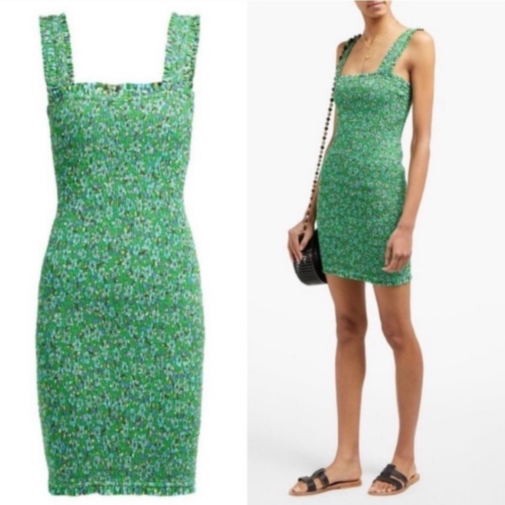 RHODE Jasmine Dress Green Floral Smocked Mini Dress Size small Bodycon Sexy Cute